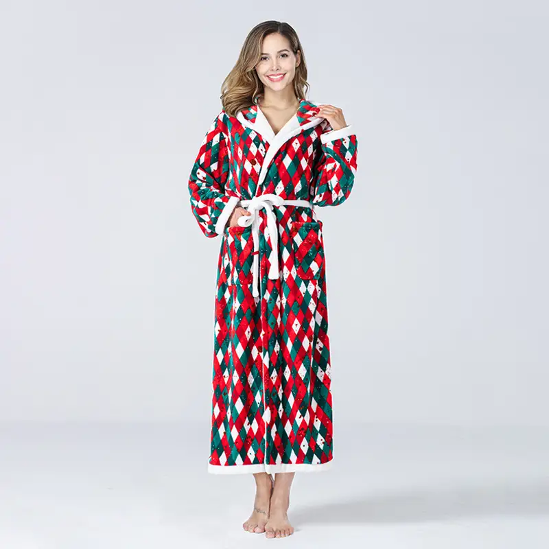 Christmas Plaid Bathrobe Hooded Color Matching