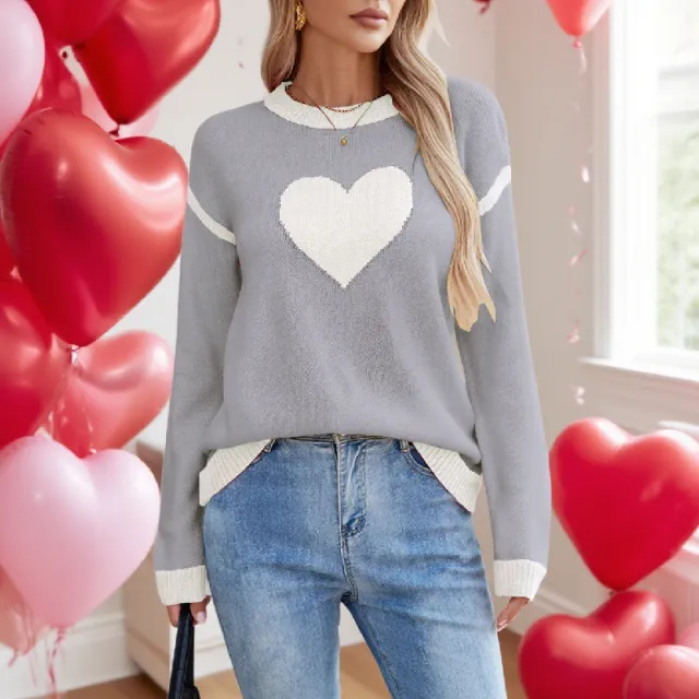 Female With Hearts Peach Round Neck Sweater Gray - Shop at LoveMi
