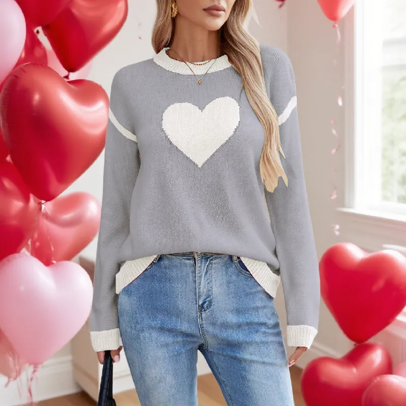 Female With Hearts Peach Round Neck Sweater - Gray