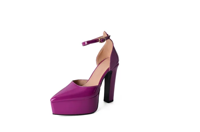 Pointed Patent Leather Buckle Hollow Chunky Heel Sandals Purple - Shop at LoveMi