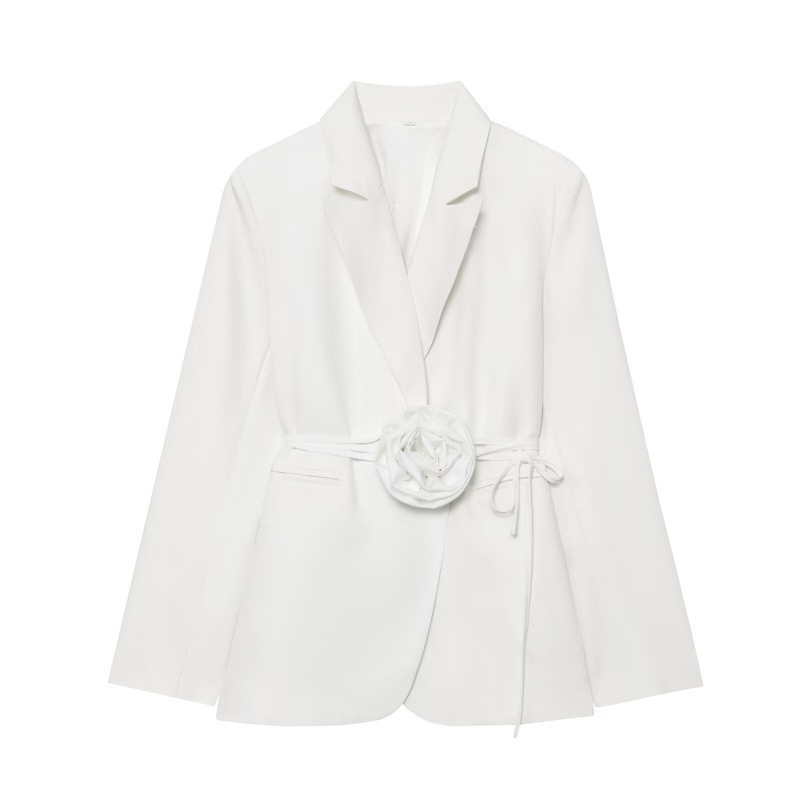 Womens Loose-Fit Lace-Up Blazer With 3D Floral Embellishments