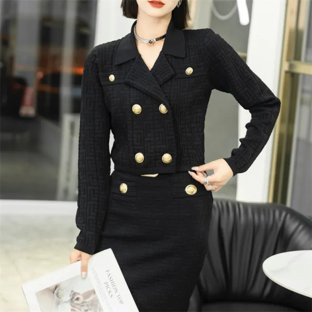 Classic Style Advanced Sense Gold Buckle B Letter Two piece Set Skirt Suit Black - Shop at LoveMi