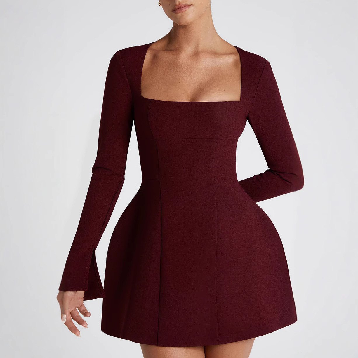 Pearl Square Collar Long Sleeve Dress European And American