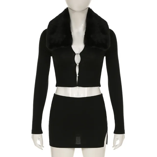 Fur Collar Hollow Out Button Long Sleeve Top Split Skirt Suit Black - Shop at LoveMi