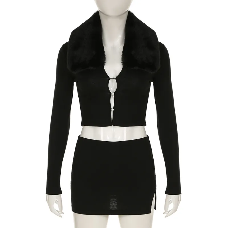 Fur Collar Hollow Out Button Long Sleeve Top Split Skirt Suit - Black