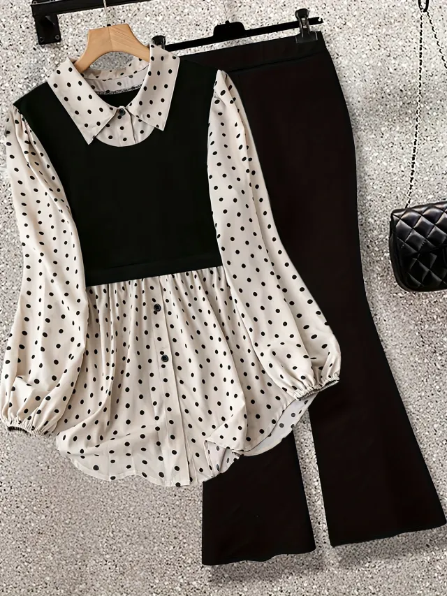 Polka Dot Patchwork Fake Two piece Long sleeved Shirt Leggings Beige - Shop at LoveMi