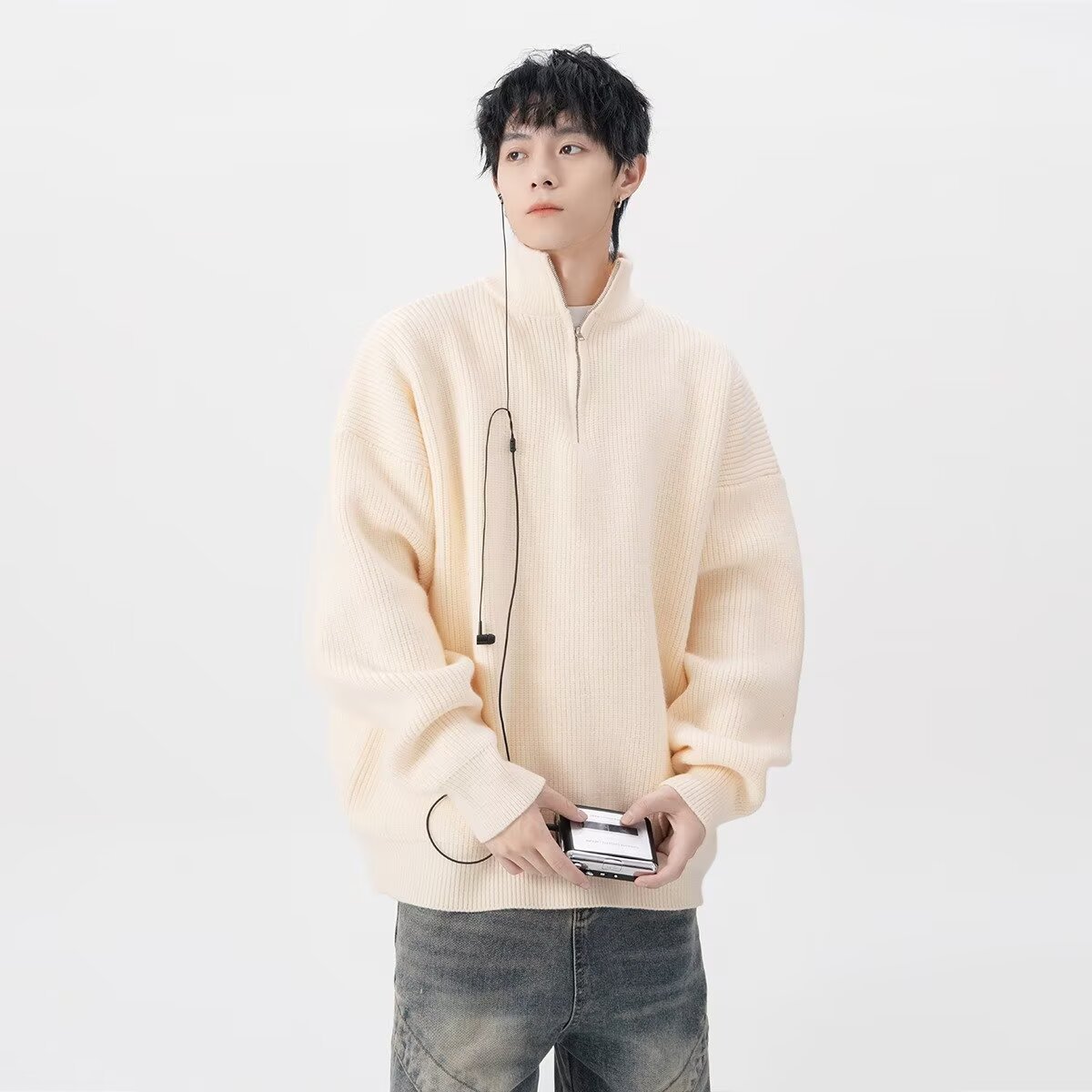 $14.23 American-style Half Zipper Destroyed Sweater Men's Autumn And Winter Loose Lazy Style