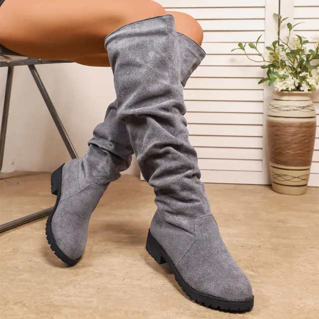 Fleece lined Winter Low heel Slip on Over the knee Boots For Women Gray - Shop at LoveMi