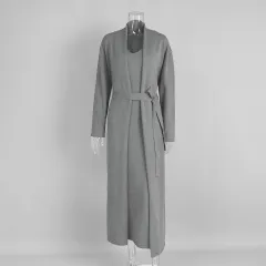 Knitted Long Sleeve Cardigan Suspender Dress Suit - Grey - View 1
