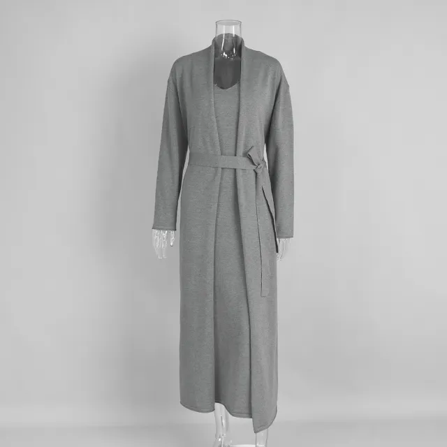 Knitted Long Sleeve Cardigan Suspender Dress Suit Gray - Shop at LoveMi