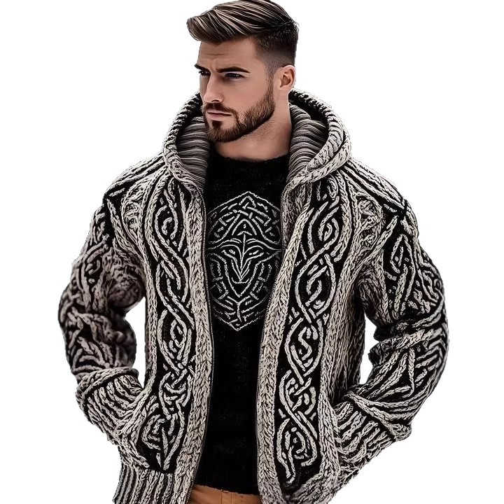 Men's Zippered Dual Pocket Casual Printed Hoodie