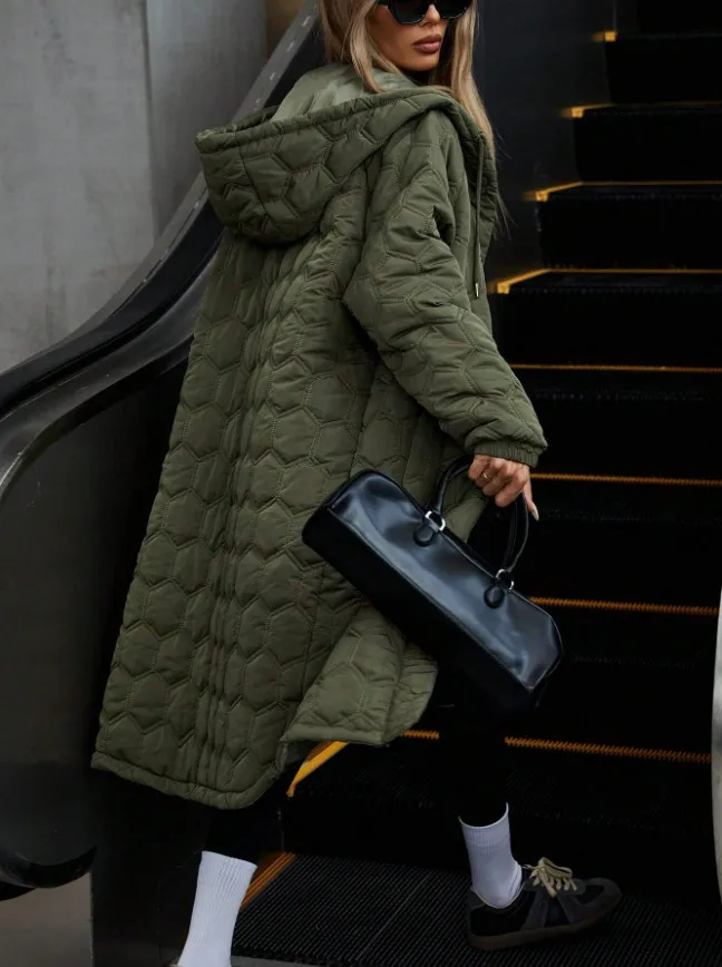 Korean Style Women's Fashion Plaid Hooded Long Fluffy Coat - Army Green