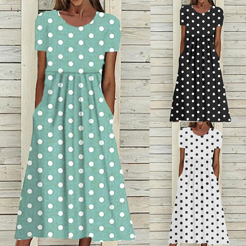 Leisure And Elegant Polka Dot Round Neck Short Sleeved Waistband Dress