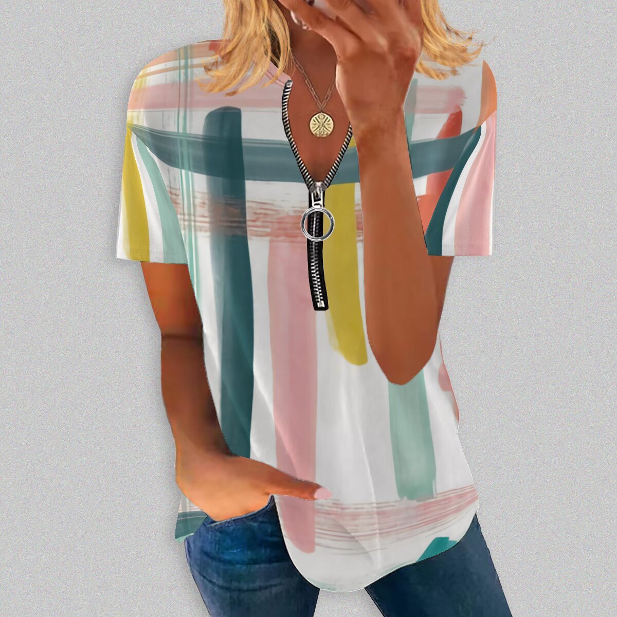 Diamond-check Print Zip-up Shirt With A Crew Neck And Short Sleeves