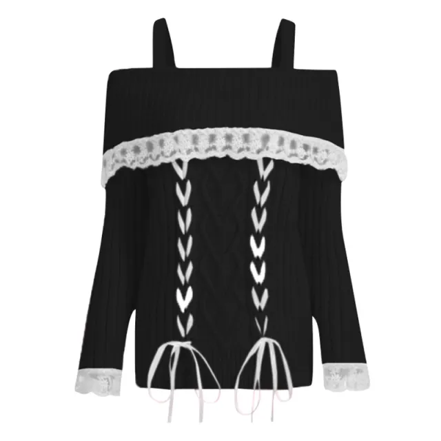 Womens One Shoulder Lace trimmed Knit Sweater With Ties Black - Shop at LoveMi