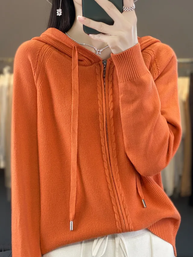 Double Zipper Cardigan Sweater Hoodie Loose fitting Hoodie Long Sleeve Orange - Shop at LoveMi