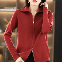 Knitted Cardigan Women's Long-sleeved Sweater - Wine - View 1