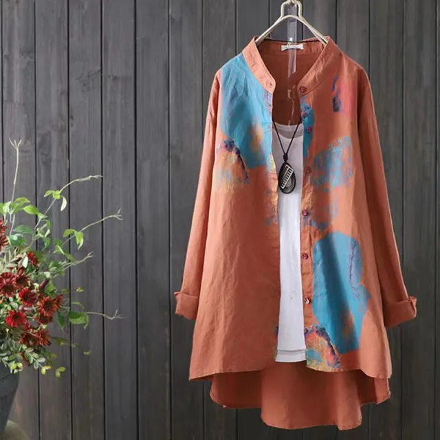 Asymmetric Mid length Cotton Linen Round neck Shirt Orange - Shop at LoveMi