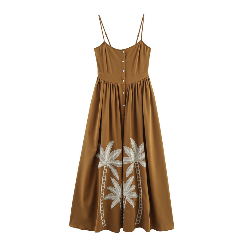 Vacation Style Coconut Tree Embroidered Suspender Skirt