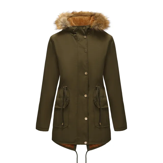 Hooded Women's Mid length Padded Coat With Fur Collar And Defined Waist Green - Shop at LoveMi