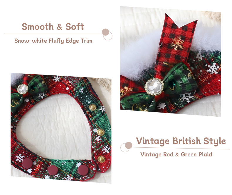 Christmas Red And Green Plaid Plush Bowknot Cute Puppy Triangular Pet Scarf detail photo 1