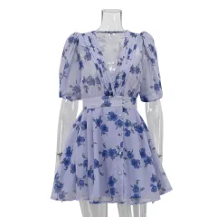 Fashion Printed V-neck Puff Sleeve Pleated Mini Dress - Blue - View 1