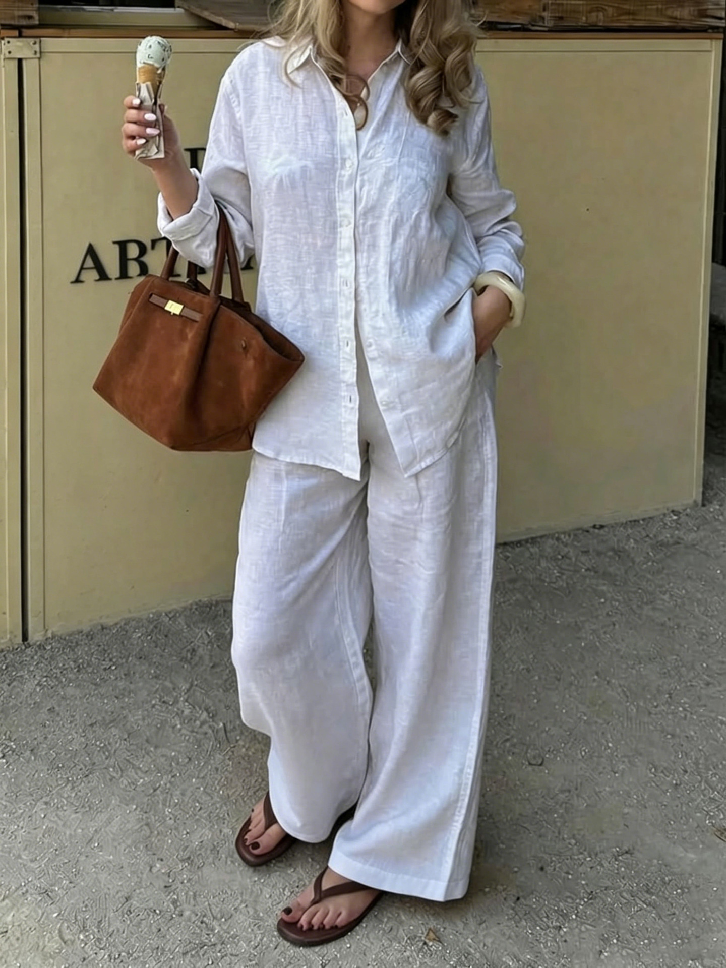 Simple Linen Two-piece Set With A Lapel And Long Sleeves 5