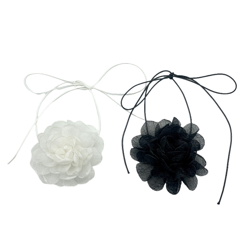 Retro Black And White Camellia Pure Desire Cute Thin Strap Ribbon Neck Strap