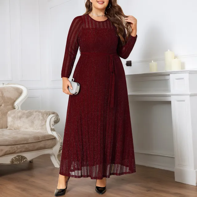 Silver Powder Shiny Elegant Lace up See through Plus size Slim Elegant Women's Dress Wine Red - Shop at LoveMi