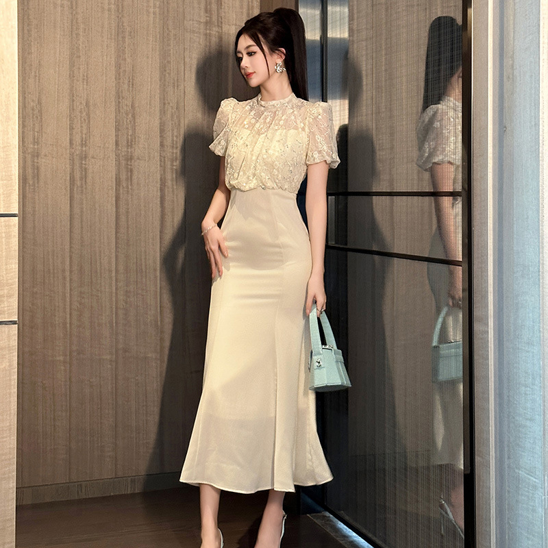 Women's Gentle Pleated Lace Stitching High Waist Fake Two-piece Fishtail Dress