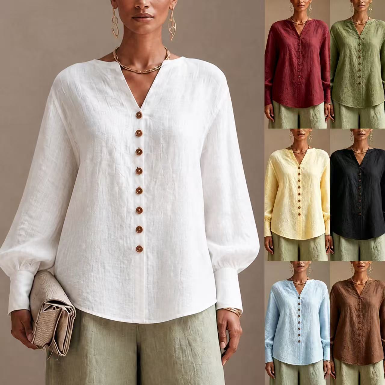 Women's Autumn New V-Neck Lantern-Sleeve Casual Shirt