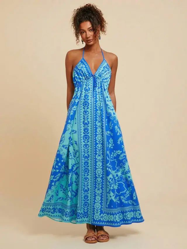 Women's Floral Print Sling Holiday Style Dress Lake Blue - Shop at LoveMi