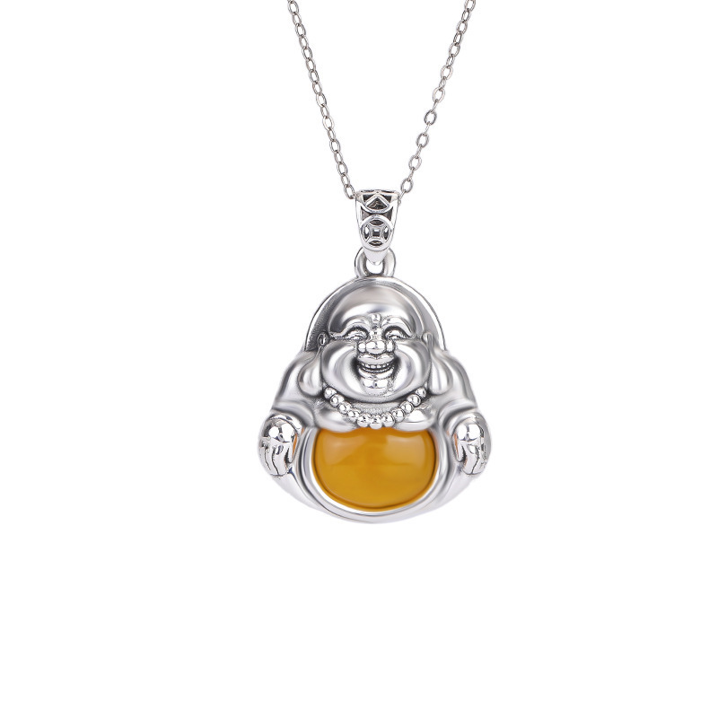 Blood Amber Ancient Coin Maitreya Buddha Pendant