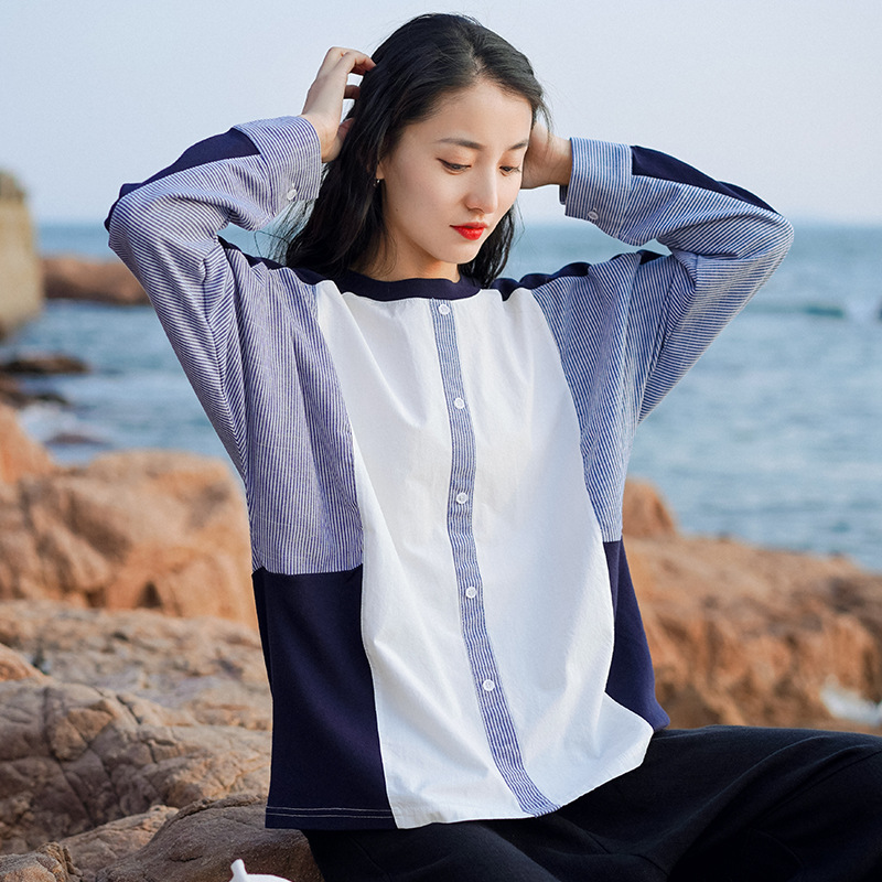 Pullover Round Neck Stitching Long Sleeve T-shirt