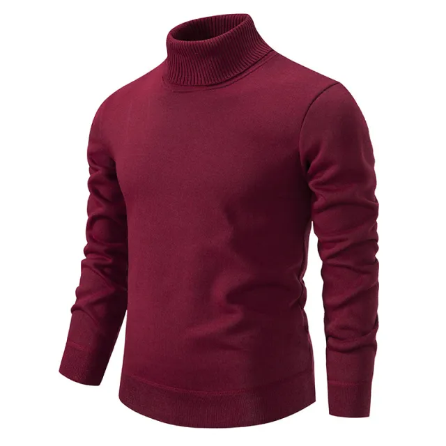 Men's Fleece lined Thick High neck Slim fit Knitted Sweater Wine Red - Shop at LoveMi