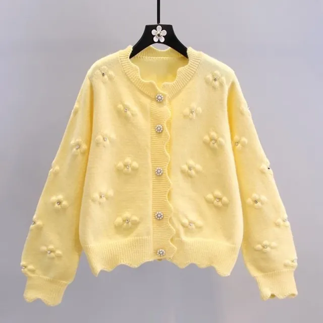 Three dimensional Beaded Small Flower Sweater Coat Japanese College Style Western Style Youthful looking Knitted Cardigan Yellow - Shop at LoveMi