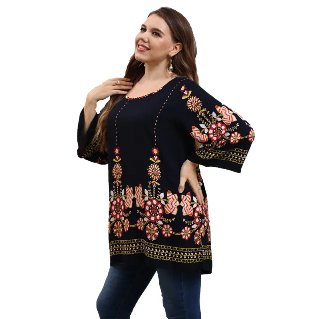 Large Size Women's Rayon Round Neck Sense Of Design Shirt Girls Elegant Top Royal Blue - Shop at LoveMi