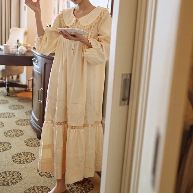 Retro French style Cotton Nightgown With Embroiderywearable Outside The Home Apricot - Shop at LoveMi