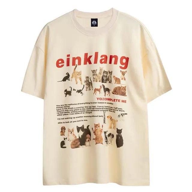 Street Retro Cute Cat Puppy Printed Short Sleeve Apricot - Shop at LoveMi