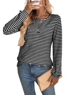 European And American Pineapple Grid Casual Button Round Neck T-shirt Knitted Long Sleeve - Black - View 1