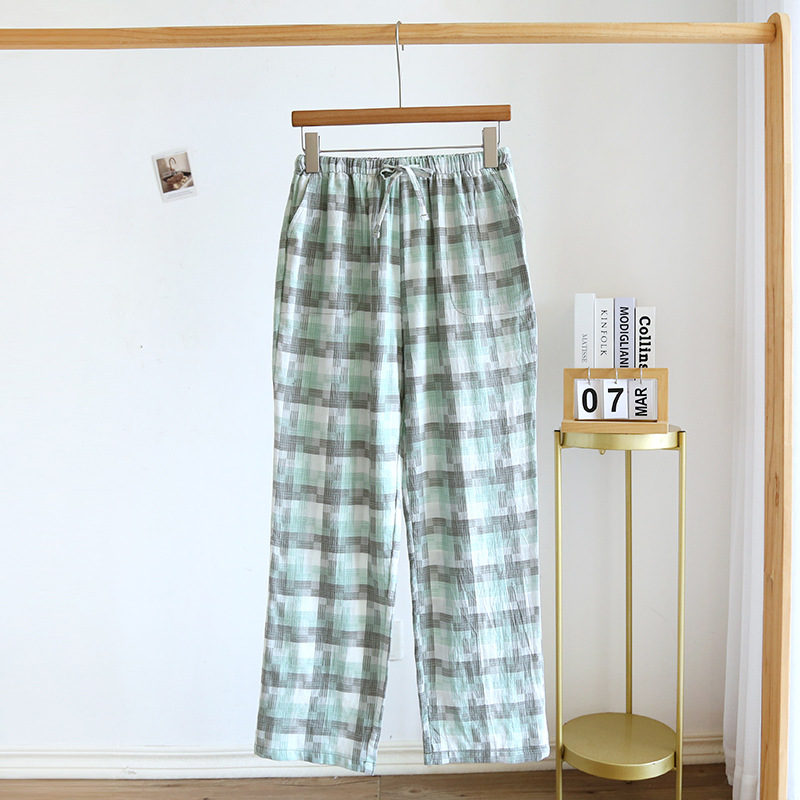 Women's Fashion Casual Cotton Plaid Gauze Trousers Light Green - Shop at LoveMi