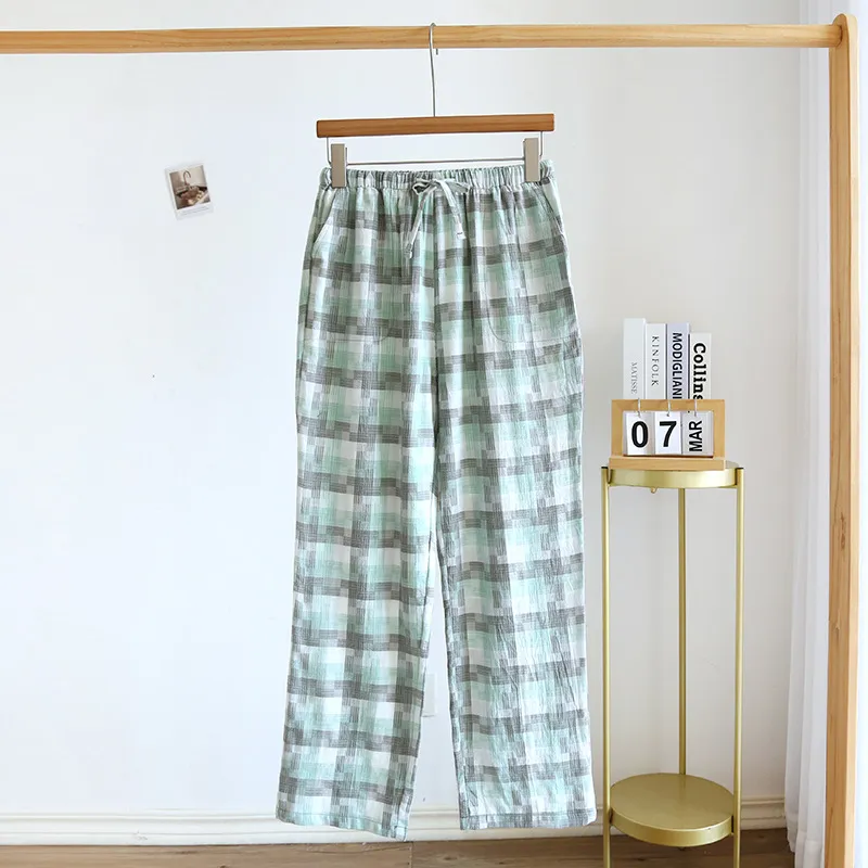 Women's Fashion Casual Cotton Plaid Gauze Trousers - Light Green