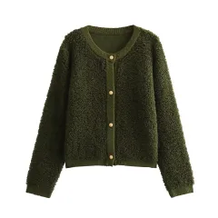 Autumn And Winter Women's Solid Color Knitted Cardigan Short Woolen Coat - Army Green - View 1