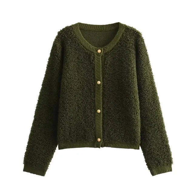 Autumn And Winter Women's Solid Color Knitted Cardigan Short Woolen Coat Army Green - Shop at LoveMi