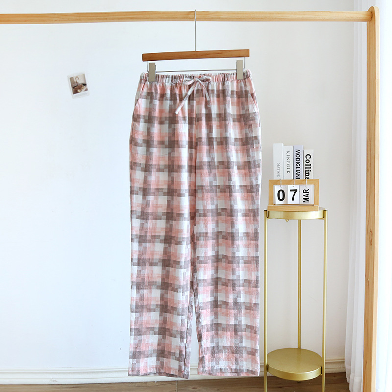 Women's Fashion Casual Cotton Plaid Gauze Trousers Light Purple - Shop at LoveMi