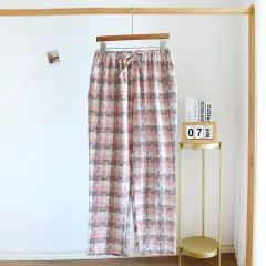 Women's Fashion Casual Cotton Plaid Gauze Trousers - Light Purple - View 1