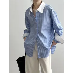 New Blue And White Striped Contrast Color Shirt For Women - Blue Stripes - View 1