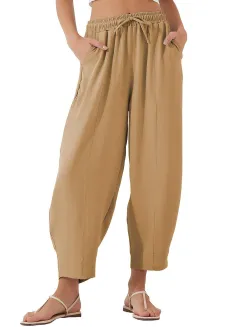Pleated Mid-waist Straight Loose Casual Cotton And Linen Cropped Pants - Khaki - View 1