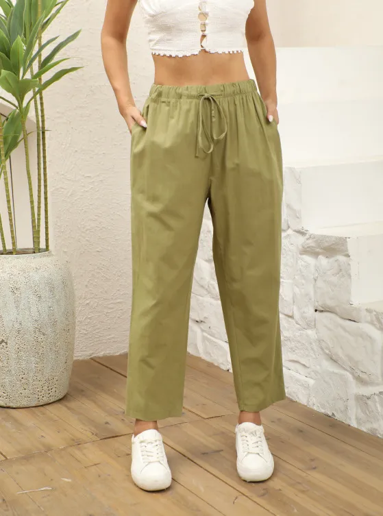 Women's Drawstring Elastic Cotton And Linen Casual Cropped Pants Army Green - Shop at LoveMi
