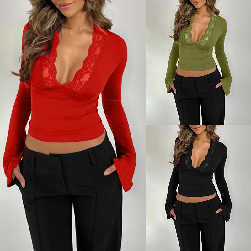 Solid-color Lace-panel Fitted Blouse For Women